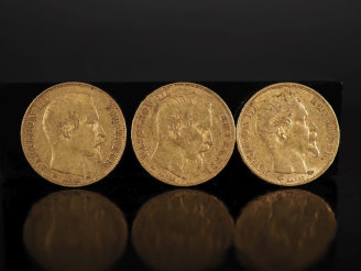 Vente aux enchères Trois pièces de 20 Francs or, Napoléon III Empereur, 1856-A (x2) et  1