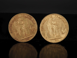 Vente aux enchères Deux pièces de 20 Francs or, Republique Française, 1878-A et 1895-A. F