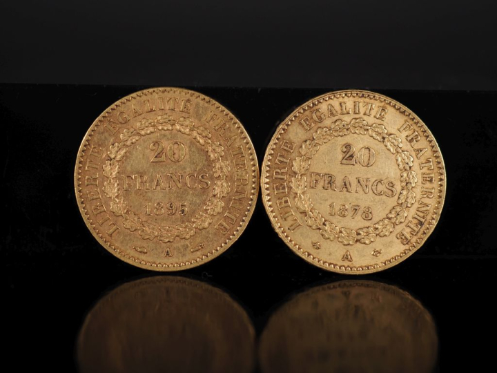 Deux pièces de 20 Francs or, Republique Française, 1878-A et 1895-A. F