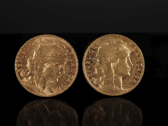 Vente aux enchères Deux pièces de 20 Francs or, République Française, 1901 et 1902. FRAIS