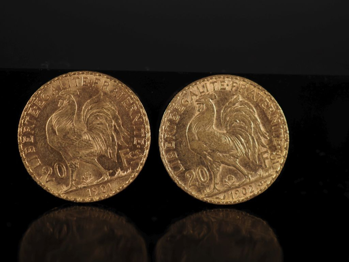 Deux pièces de 20 Francs or, République Française, 1901 et 1902. FRAIS
