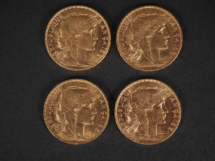Quatre pièces de 20 Francs or, République Française, 1904. FRAIS ACHET