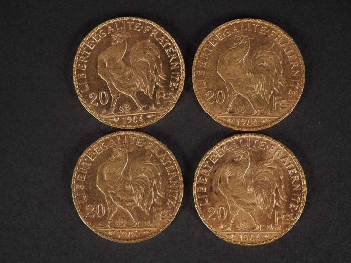 Quatre pièces de 20 Francs or, République Française, 1904. FRAIS ACHET