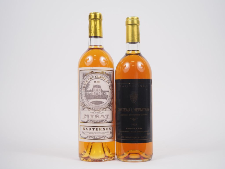 2 BOUTEILLES DE SAUTERNES : 1 CHÂTEAU DE MYRAT CC 2001 - 1 CHÂTEAU L'H
