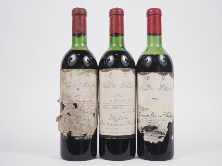 3 BOUTEILLES CHÂTEAU MOUTON BARON PHILIPPE GCC PAUILLAC - 1966 - 2 HEP