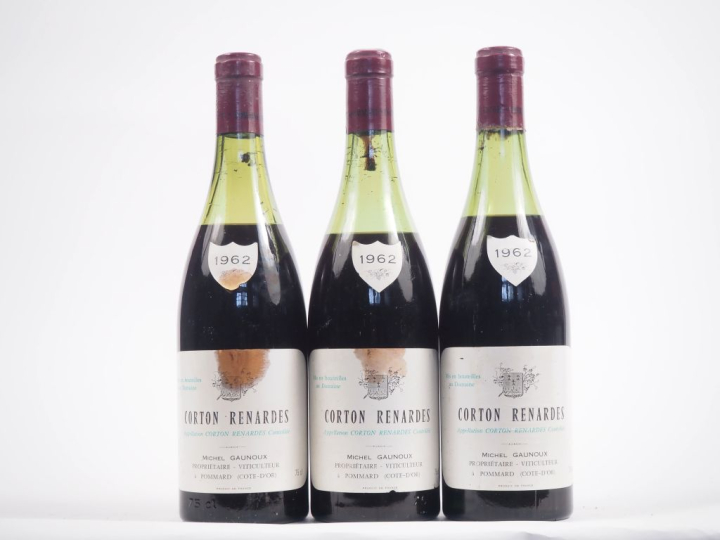 3 BOUTEILLES CORTON RENARDES MICHEL GAUNOUX - 1962 - 5,8 CM/6 CM/6,8 C