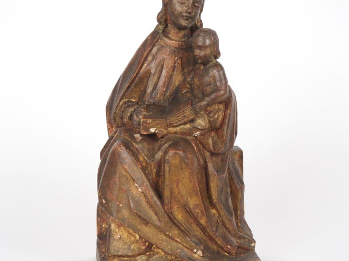 Sculpture début XXème en bois doré de style gothique "Vierge à l'enfan