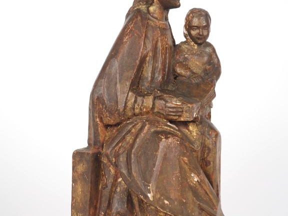 Sculpture début XXème en bois doré de style gothique "Vierge à l'enfan