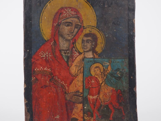 Vente aux enchères Icone de style bizantiin en bois polychrome "Vierge à l'enfant et St M