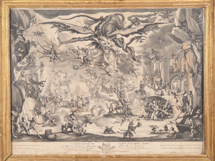 Grande gravure en noir d'après Jacques Callot.  "La tentation de St An