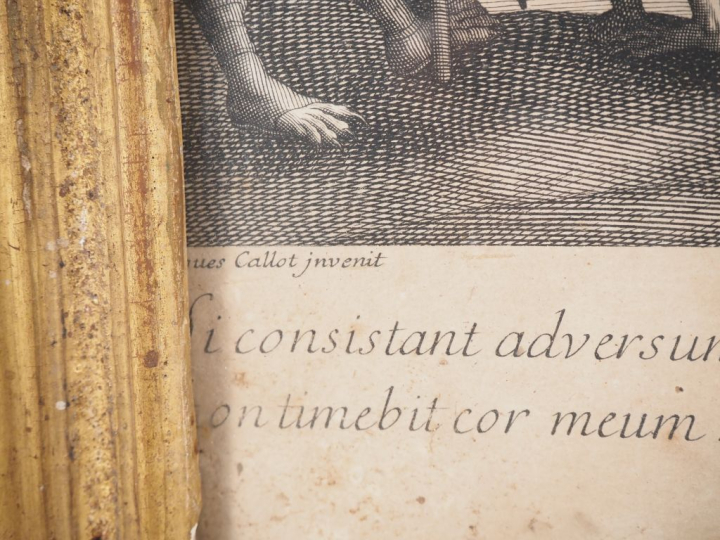 Grande gravure en noir d'après Jacques Callot.  "La tentation de St An