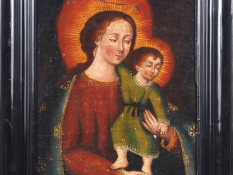 Vente aux enchères Ecole sud américaine. "Vierge à l'enfant" Huile sur toile, marouflée s