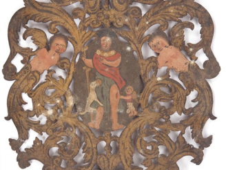 Vente aux enchères Plaque de procession XVIIIème ou XIXème en fer découpé et polychrome, 
