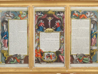 Vente aux enchères Tryptique de gravures en couleurs début XIXème, textes de la Sainte Me