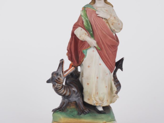 Vente aux enchères Sujet en biscuit polychrome "Sainte terrassant le dragon". (manques) H