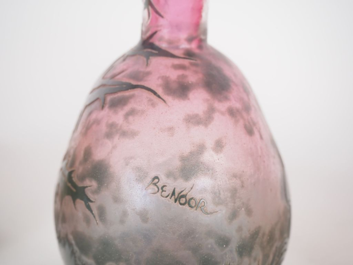 4 vases Art Nouveau en verre, deux signés Legras, un signé Benores. (p