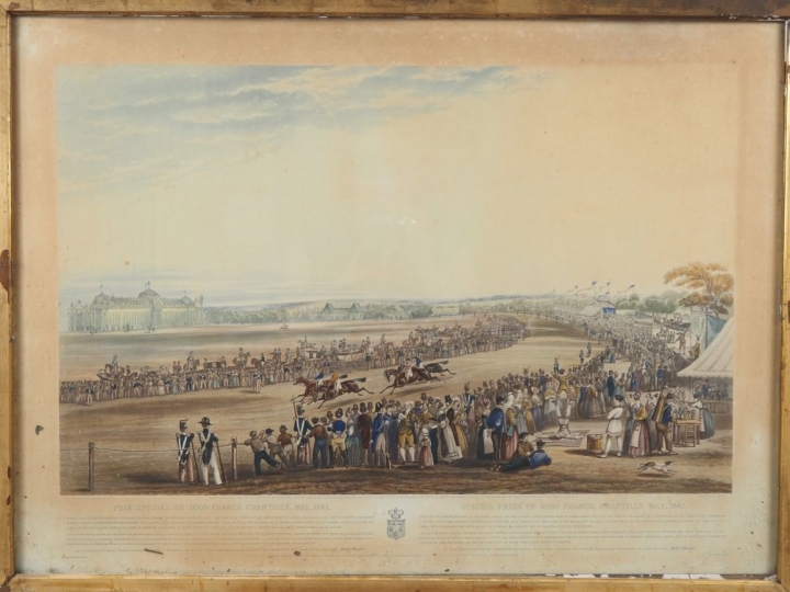 Trois différentes gravures anglaises en couleurs XIXème.  "Chantilly, 