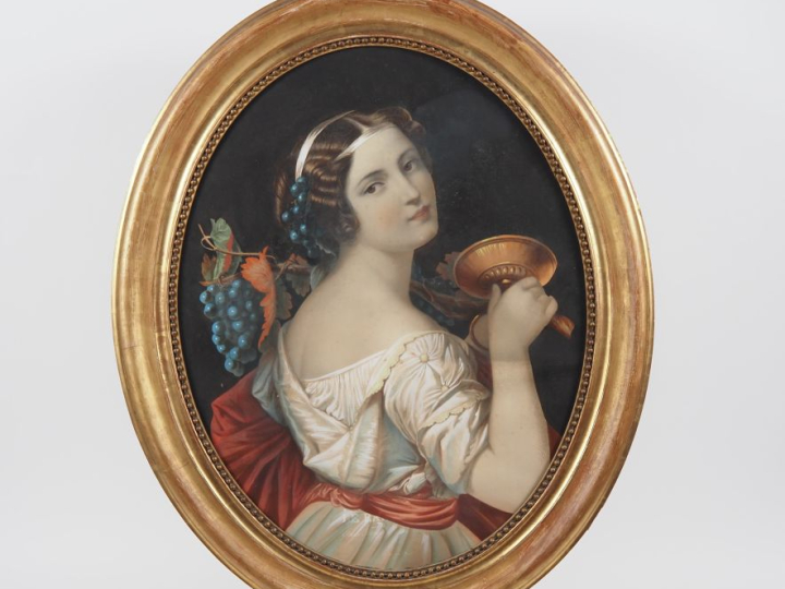 Paire de chromos Napoléon III dans des cadres en médaillon en bois dor