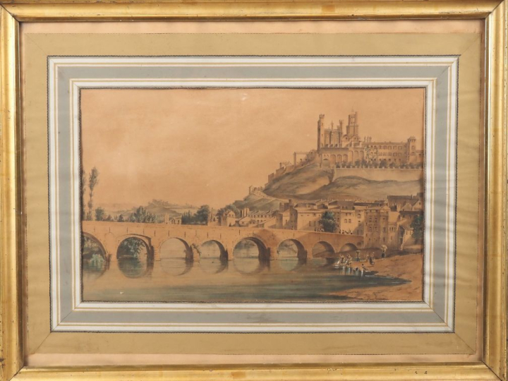 Gravure réhaussée XIXème.  "lavandières près du vieux pont à Béziers"