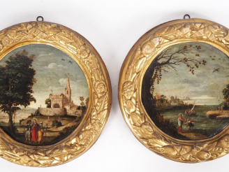 Vente aux enchères Ecole italienne vers 1650.  "Paysages animés"  Paire d'huiles sur toil