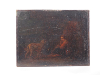 Vente aux enchères Ecole hollandaise XVIIème. "enfant et son chien" Huile sur toile marou