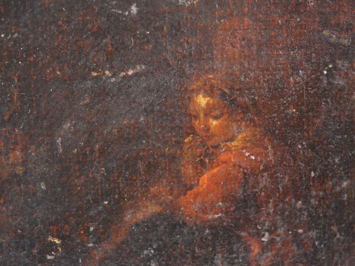 Ecole hollandaise XVIIème. "enfant et son chien" Huile sur toile marou