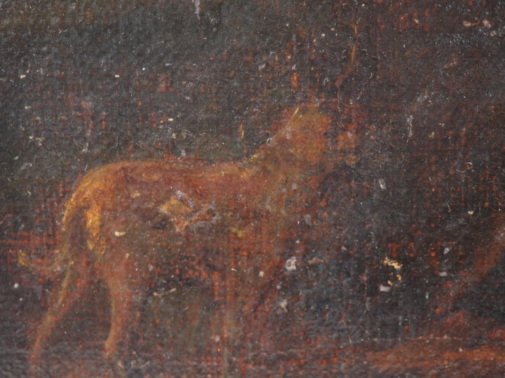 Ecole hollandaise XVIIème. "enfant et son chien" Huile sur toile marou