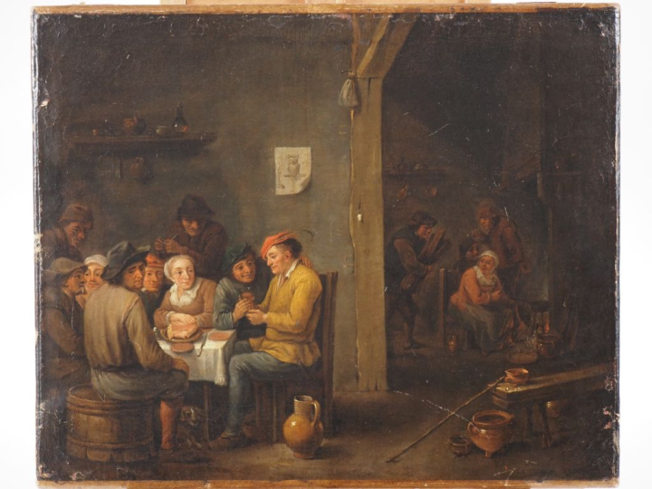 Ecole française XVIIIème, TENIERS (d'après). "Scène de taverne" Huile 