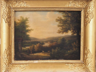 Vente aux enchères Ecole française début XIXème.  "Paysage animé" Huile sur toile Dim. 24