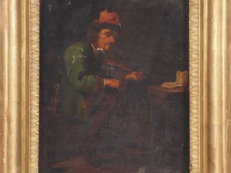 Vente aux enchères Ecole du Nord XIXème. "musicien" Huile sur panneau Dim. 21,5 x 17 cm (