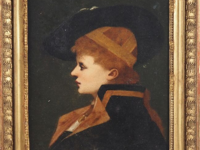 Ecole XIXème.  "portrait de profil de jeune femme au chapeau" Huile su