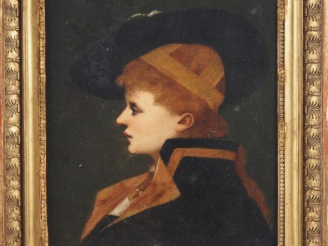 Vente aux enchères Ecole XIXème.  "portrait de profil de jeune femme au chapeau" Huile su