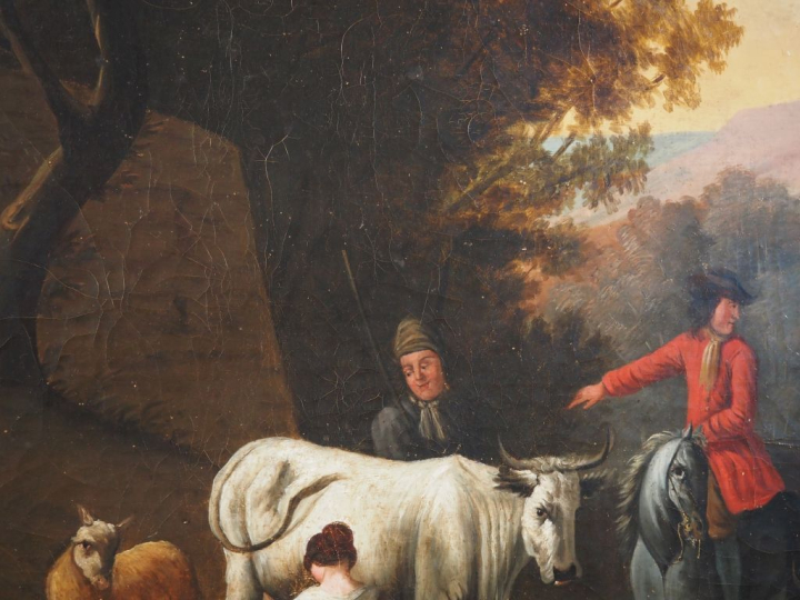 Ecole italienne XIXème.  "Scène campagnarde avec personnages et animau