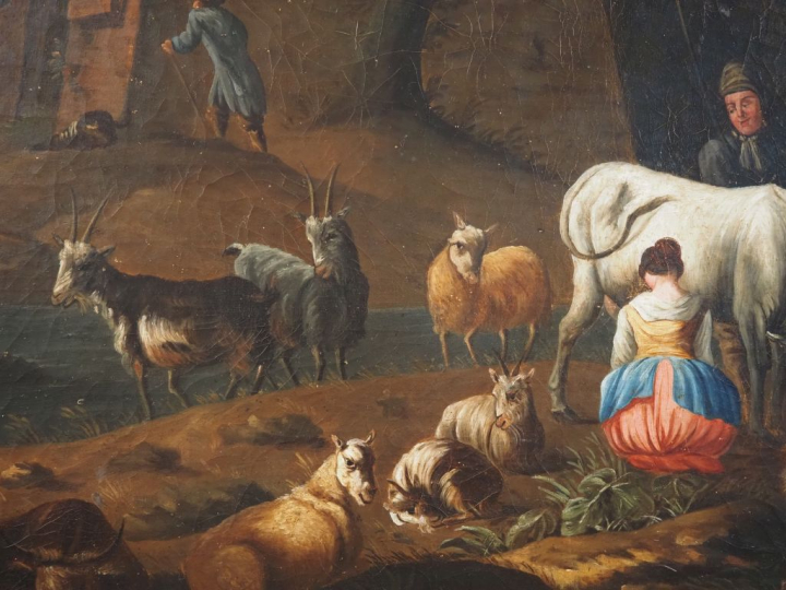 Ecole italienne XIXème.  "Scène campagnarde avec personnages et animau