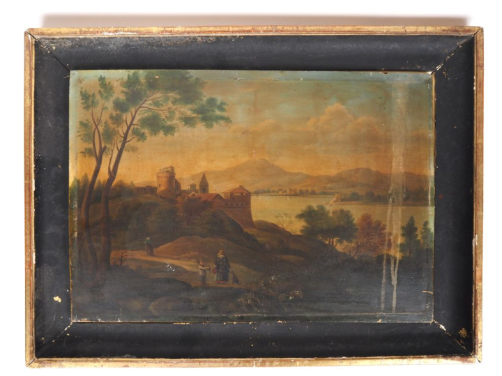Ecole italienne XIXème.  "paysages animés"  Paire d'huiles sur panneau