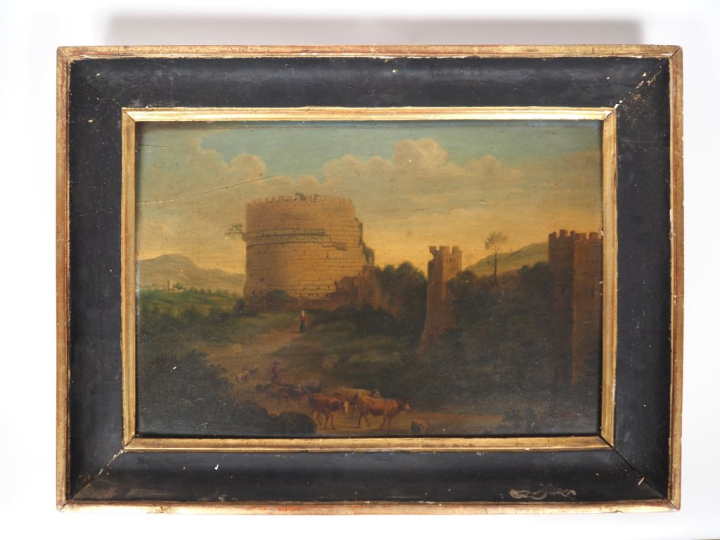 Ecole italienne XIXème.  "paysages animés"  Paire d'huiles sur panneau