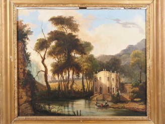 Vente aux enchères Ecole française XIXème.  "promenade en barque devant une folie" Huile 