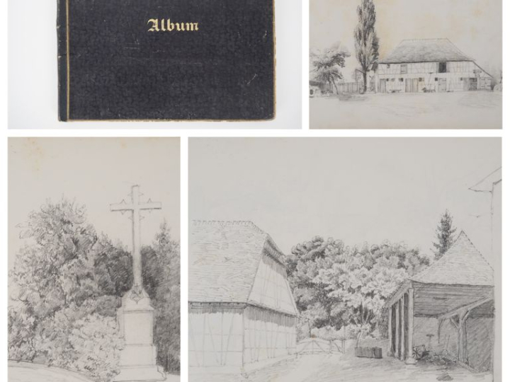 Carnet de 31 dessins XIXème. "paysages" et "vues d'habitations en Alsa