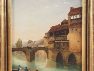 Vente aux enchères Ecole française XIXème.  "Village animé" Huile sur toile  Dim. 40,5 x 