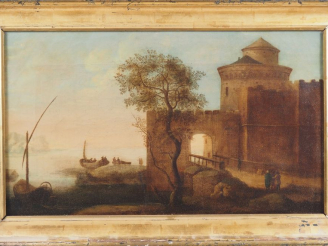 Vente aux enchères Ecole française XIXème.  "paysage lacustre animé à la tour" Huile sur 