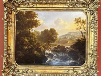 Vente aux enchères STORELLI.  "Grand paysage italien animé à la cascade"  Huile sur toile