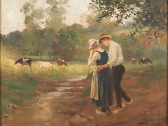 Vente aux enchères E.  LAHITTE.  "jeunes paysans et leur troupeau"  Huile sur toile, sign