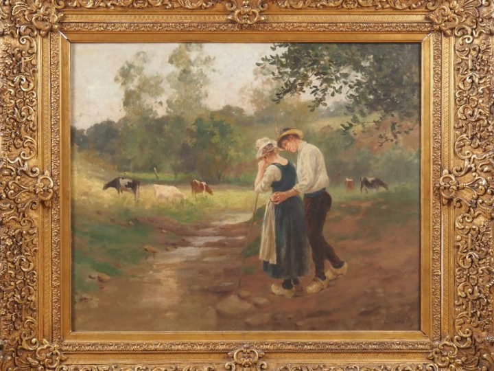 E.  LAHITTE.  "jeunes paysans et leur troupeau"  Huile sur toile, sign