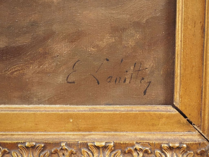 E.  LAHITTE.  "jeunes paysans et leur troupeau"  Huile sur toile, sign