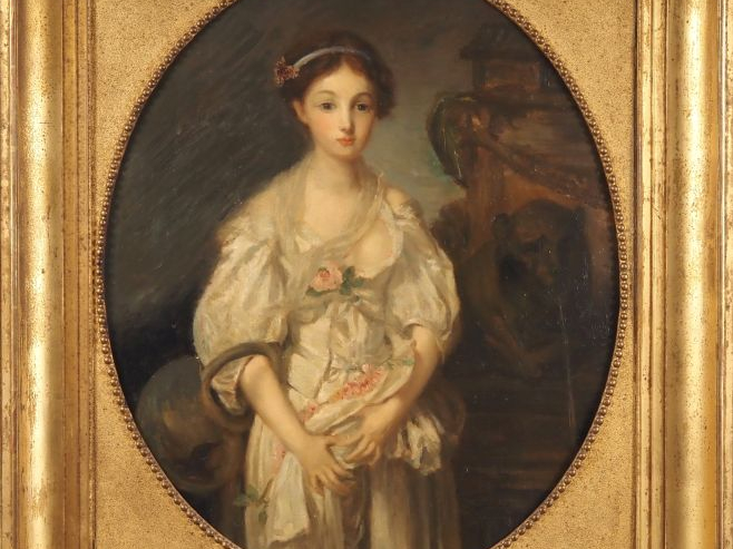 Ecole française XIXème.  "portrait de jeune fille près d'une fontaine"