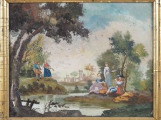 Vente aux enchères Ecole française 1900. "Pastorale"  grand fixé sous verre Dim. À vue : 