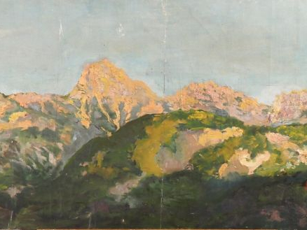 Mario CAVAGLIERI.  "Les Dolomites"  Panorama, huile sur toile, signée 