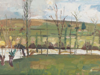 Vente aux enchères Mario CAVAGLIERI.  "Paysage à la rivière" Huile sur toile, signée en b