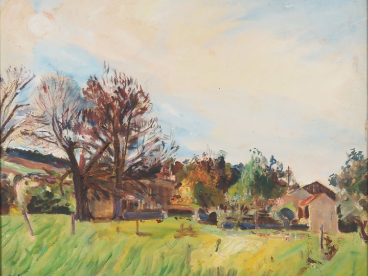 Mario CAVAGLIERI.  "Paysage et ferme" Huile sur toile, signée en bas à
