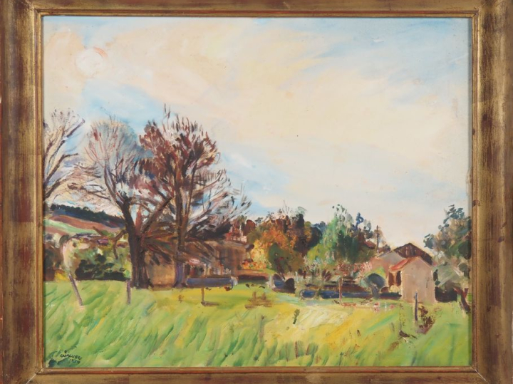 Mario CAVAGLIERI.  "Paysage et ferme" Huile sur toile, signée en bas à
